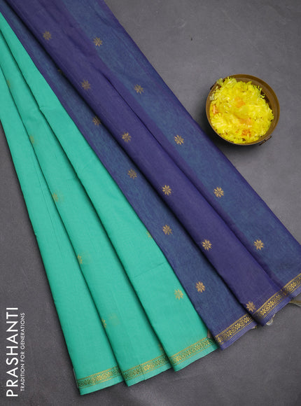 Semi maheswari cotton saree teal green and blue with zari woven buttas and small zari woven border