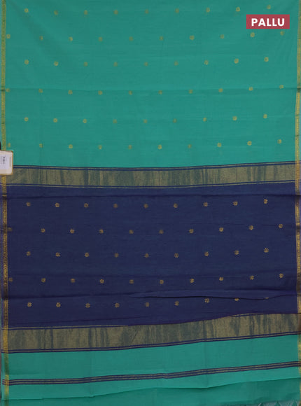 Semi maheswari cotton saree teal green and blue with zari woven buttas and small zari woven border