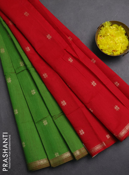 Semi maheswari cotton saree green and red with zari woven buttas and small zari woven border