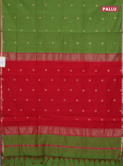 Semi maheswari cotton saree green and red with zari woven buttas and small zari woven border