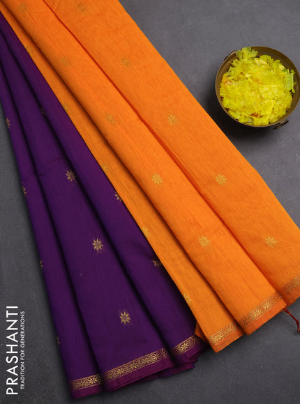 Semi maheswari cotton saree purple and orange with zari woven buttas and small zari woven border