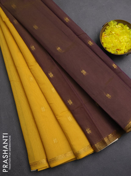 Semi maheswari cotton saree mustard yellow and purple with zari woven buttas and small zari woven border