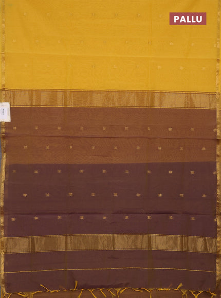 Semi maheswari cotton saree mustard yellow and purple with zari woven buttas and small zari woven border