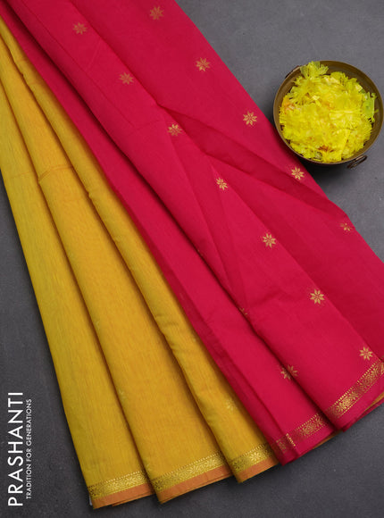 Semi maheswari cotton saree yellow and pink with zari woven buttas and small zari woven border