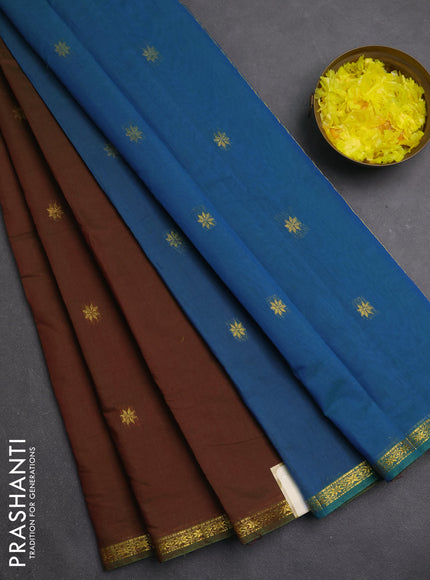 Semi maheswari cotton saree manthulir green and teal blue with zari woven buttas and small zari woven border