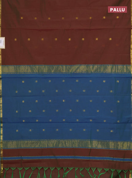 Semi maheswari cotton saree manthulir green and teal blue with zari woven buttas and small zari woven border