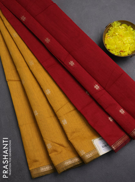 Semi maheswari cotton saree mustard yellow and maroon with zari woven buttas and small zari woven border