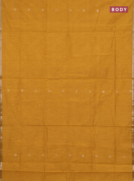 Semi maheswari cotton saree mustard yellow and maroon with zari woven buttas and small zari woven border