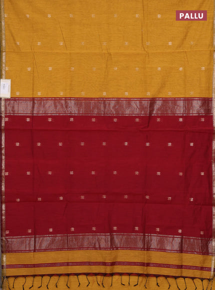 Semi maheswari cotton saree mustard yellow and maroon with zari woven buttas and small zari woven border