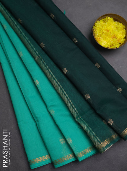 Semi maheswari cotton saree teal green and green with zari woven buttas and small zari woven border