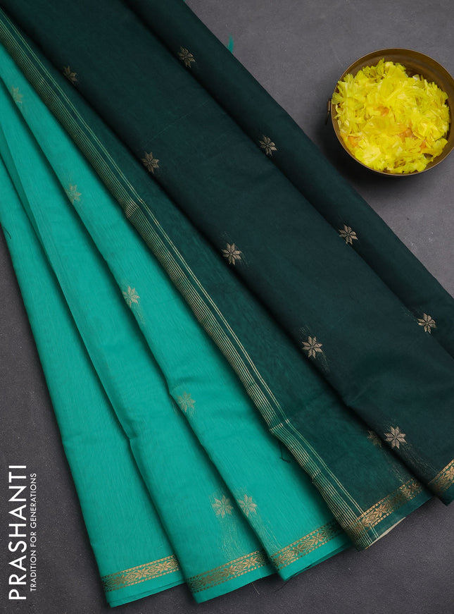 Semi maheswari cotton saree teal green and green with zari woven buttas and small zari woven border