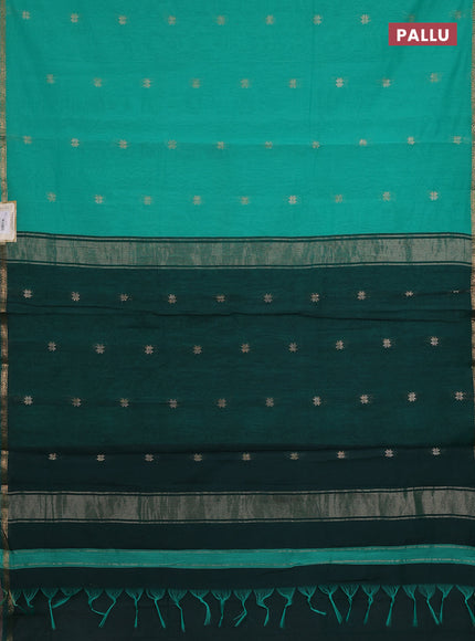 Semi maheswari cotton saree teal green and green with zari woven buttas and small zari woven border