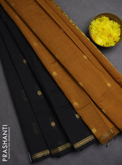 Semi maheswari cotton saree black and dark mustard with zari woven buttas and small zari woven border