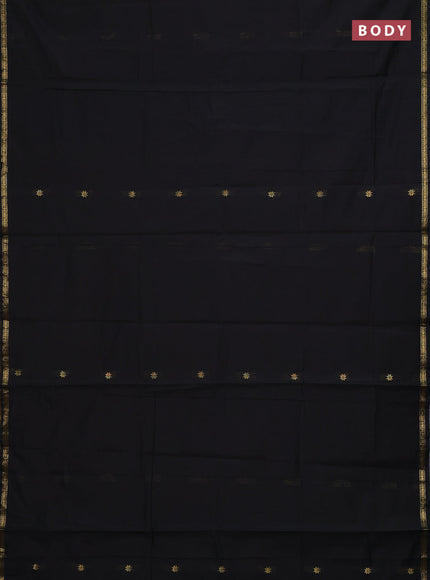 Semi maheswari cotton saree black and dark mustard with zari woven buttas and small zari woven border