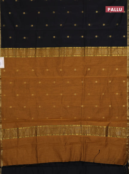 Semi maheswari cotton saree black and dark mustard with zari woven buttas and small zari woven border
