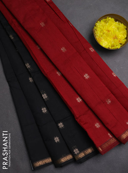 Semi maheswari cotton saree black and maroon with zari woven buttas and small zari woven border