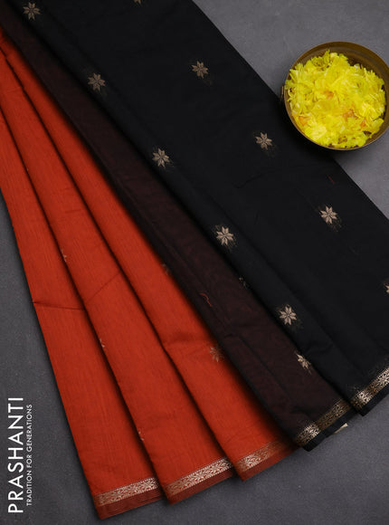 Semi maheswari cotton saree rust and black with zari woven buttas and small zari woven border