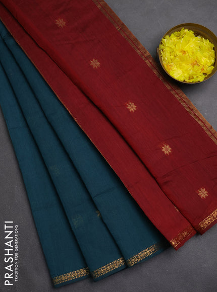 Semi maheswari cotton saree teal green and maroon with zari woven buttas and small zari woven border