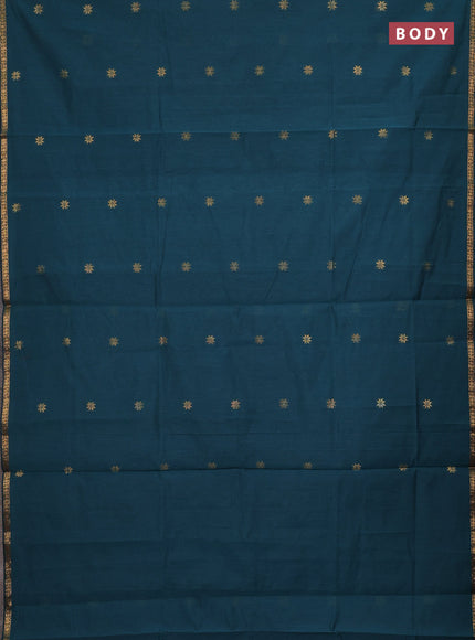Semi maheswari cotton saree teal green and maroon with zari woven buttas and small zari woven border