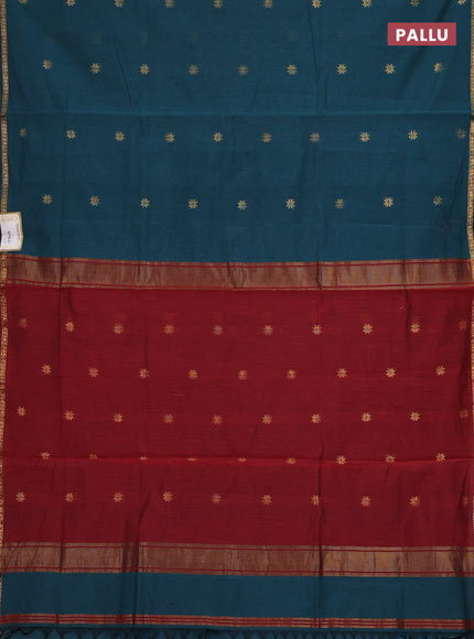 Semi maheswari cotton saree teal green and maroon with zari woven buttas and small zari woven border