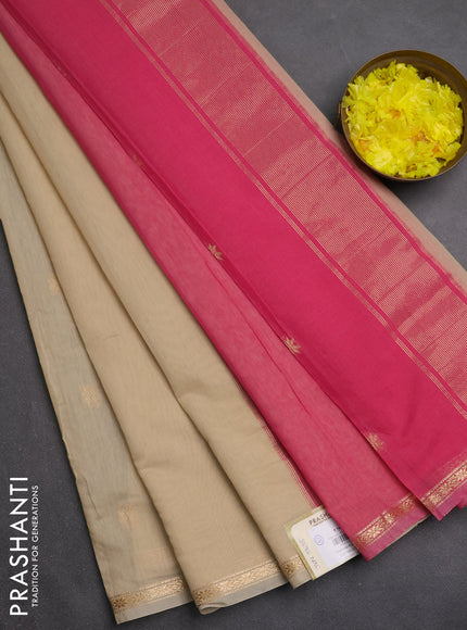 Semi maheswari cotton saree beige shade and pink with zari woven buttas and small zari woven border