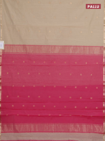 Semi maheswari cotton saree beige shade and pink with zari woven buttas and small zari woven border