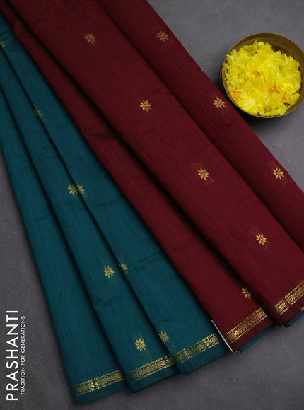 Semi maheswari cotton saree teal green and maroon with zari woven buttas and small zari woven border