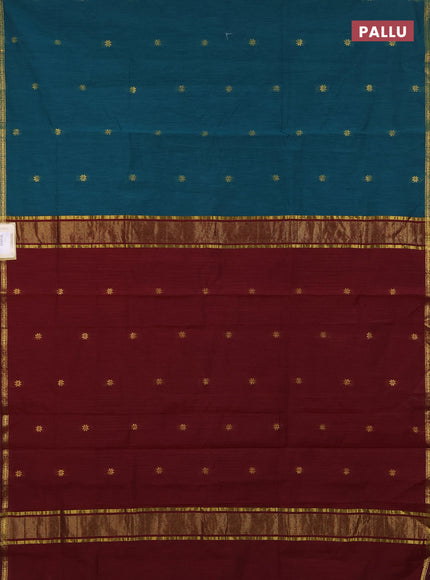 Semi maheswari cotton saree teal green and maroon with zari woven buttas and small zari woven border