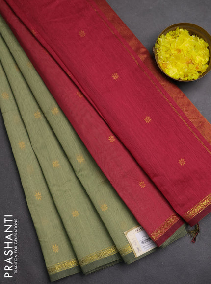 Semi maheswari cotton saree pastel green and maroon with zari woven buttas and small zari woven border