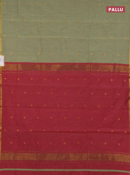 Semi maheswari cotton saree pastel green and maroon with zari woven buttas and small zari woven border