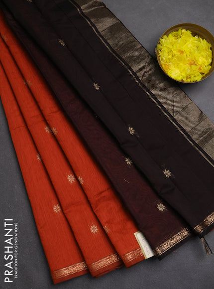 Semi maheswari cotton saree rust and black with zari woven buttas and small zari woven border
