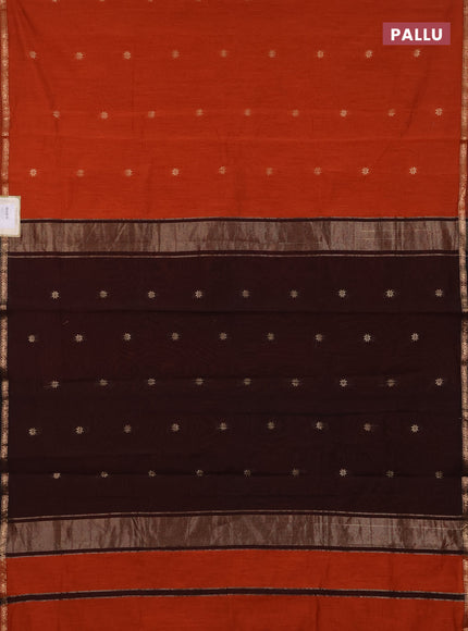 Semi maheswari cotton saree rust and black with zari woven buttas and small zari woven border