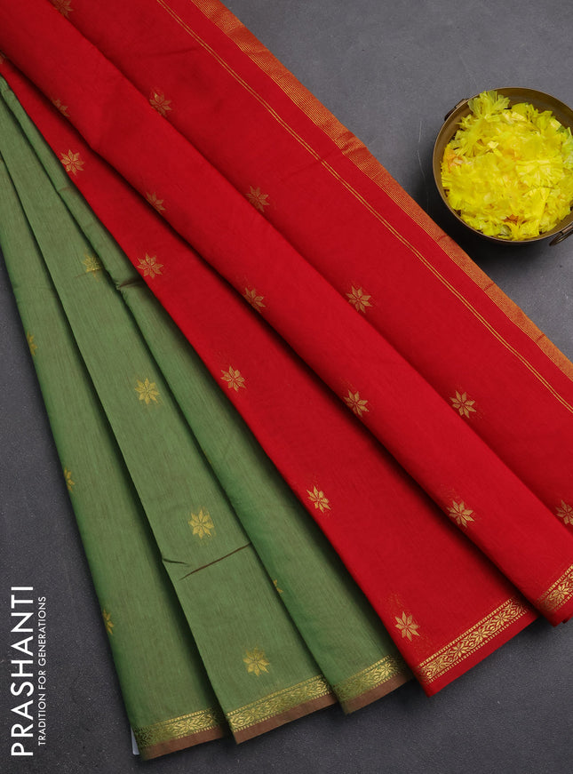 Semi maheswari cotton saree light green and red with zari woven buttas and small zari woven border