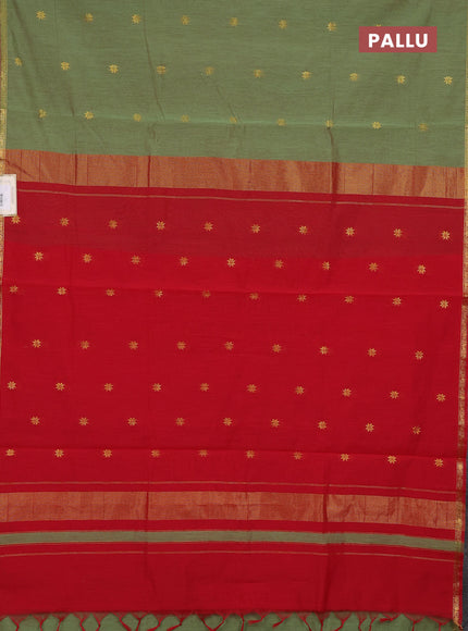 Semi maheswari cotton saree light green and red with zari woven buttas and small zari woven border
