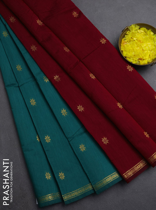 Semi maheswari cotton saree teal green and maroon with zari woven buttas and small zari woven border