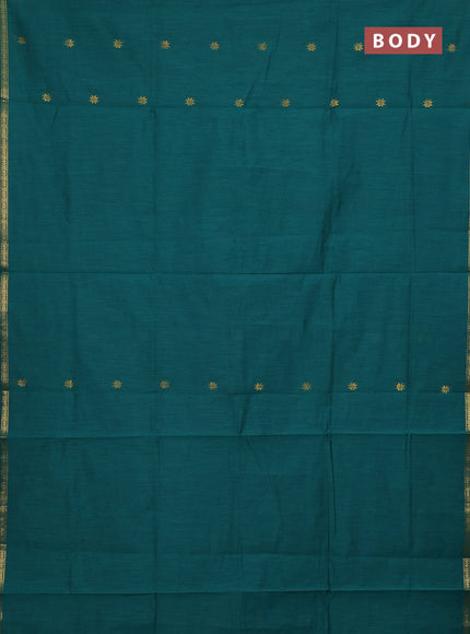 Semi maheswari cotton saree teal green and maroon with zari woven buttas and small zari woven border