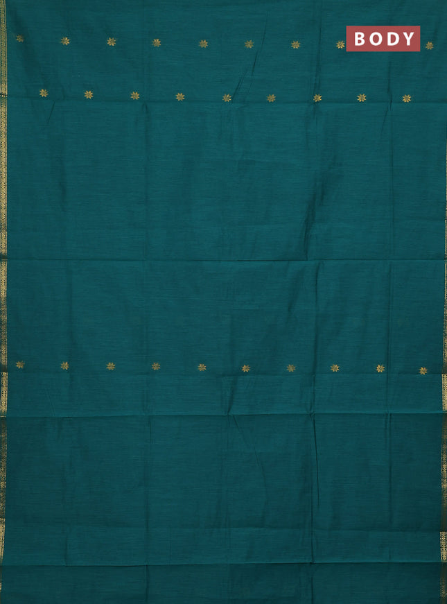 Semi maheswari cotton saree teal green and maroon with zari woven buttas and small zari woven border