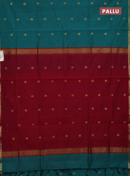 Semi maheswari cotton saree teal green and maroon with zari woven buttas and small zari woven border