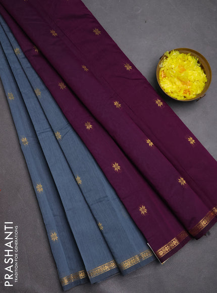 Semi maheswari cotton saree grey and deep purple with zari woven buttas and small zari woven border
