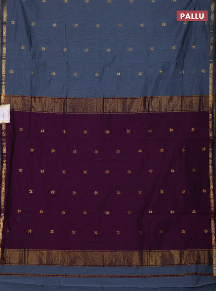 Semi maheswari cotton saree grey and deep purple with zari woven buttas and small zari woven border