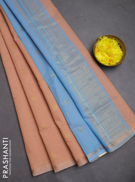 Semi maheswari cotton saree peach and cs blue with zari woven buttas and small zari woven border