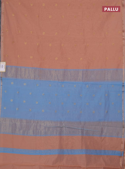 Semi maheswari cotton saree peach and cs blue with zari woven buttas and small zari woven border