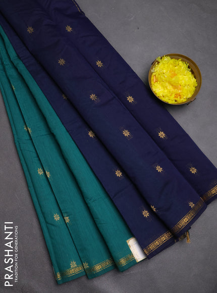 Semi maheswari cotton saree teal green and navy blue with zari woven buttas and small zari woven border