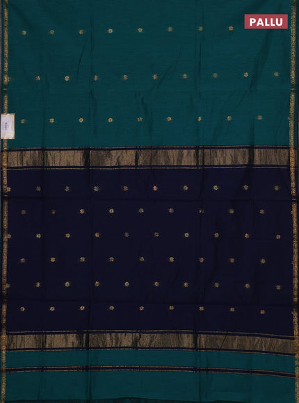 Semi maheswari cotton saree teal green and navy blue with zari woven buttas and small zari woven border