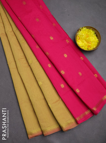 Semi maheswari cotton saree mustard yellow and pink with zari woven buttas and small zari woven border