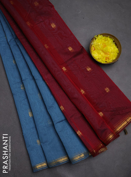 Semi maheswari cotton saree greyish blue and maroon with zari woven buttas and small zari woven border