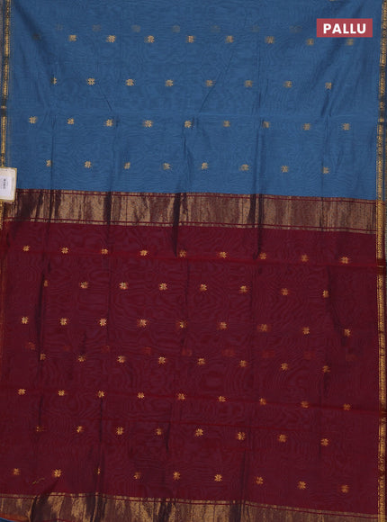 Semi maheswari cotton saree greyish blue and maroon with zari woven buttas and small zari woven border