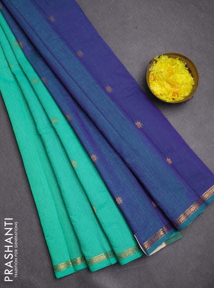Semi maheswari cotton saree teal green and violet shade with zari woven buttas and small zari woven border