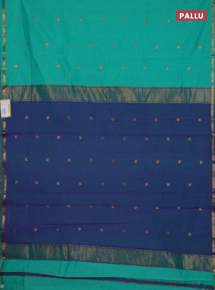 Semi maheswari cotton saree teal green and violet shade with zari woven buttas and small zari woven border