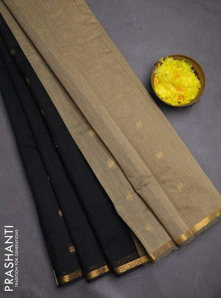 Semi maheswari cotton saree black and sandal shade with zari woven buttas and small zari woven border